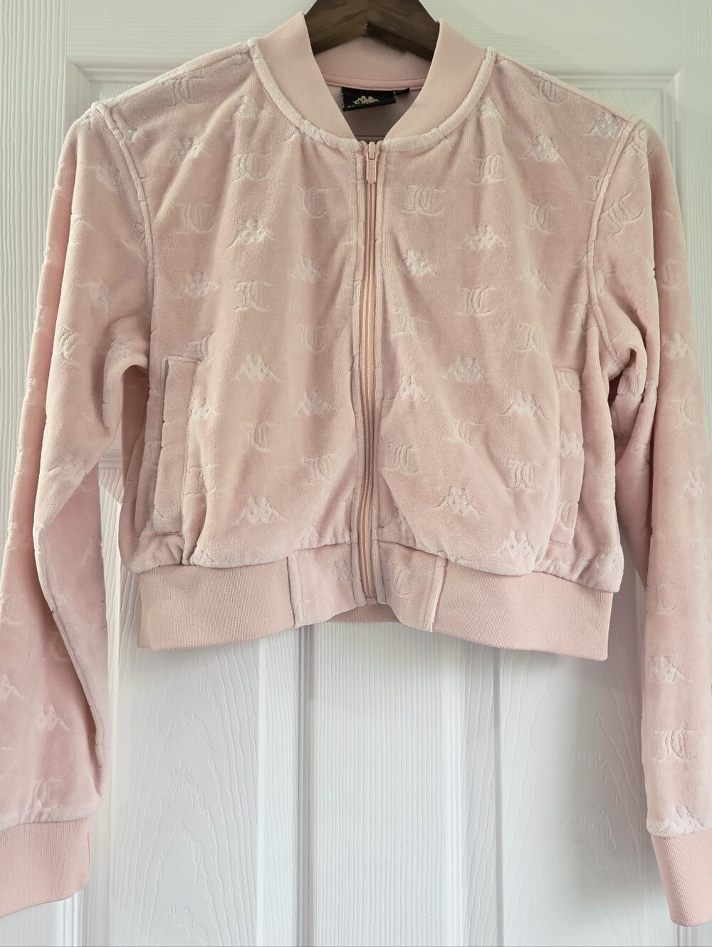 Kappa x Juicy Couture Pink Embossed Velour Cropped Bomber Jacket XS